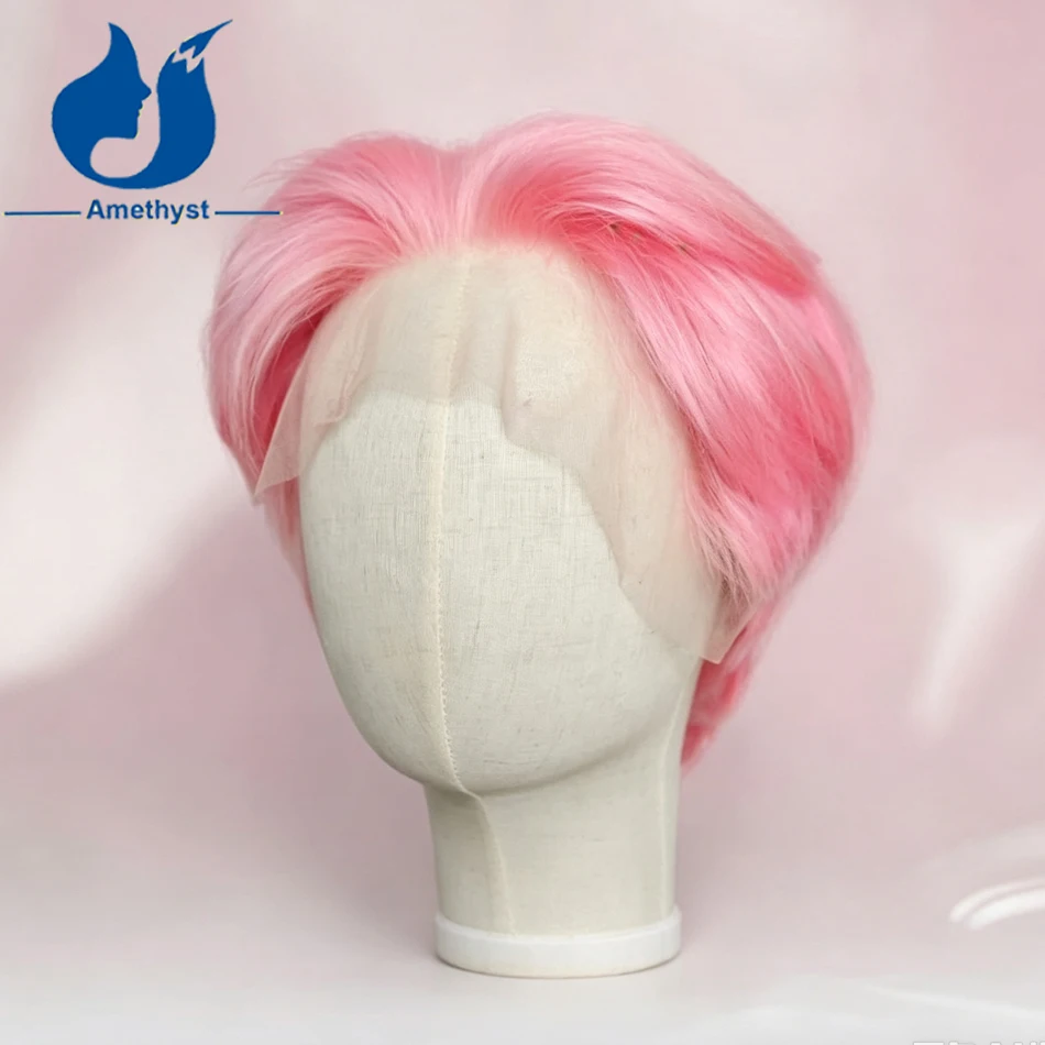 Amethyst Straight Short Boy Cut Wig for Men Real Human Hair Layered Transparent Full Lace Pink Pre-Styled Remy Fashion Wig