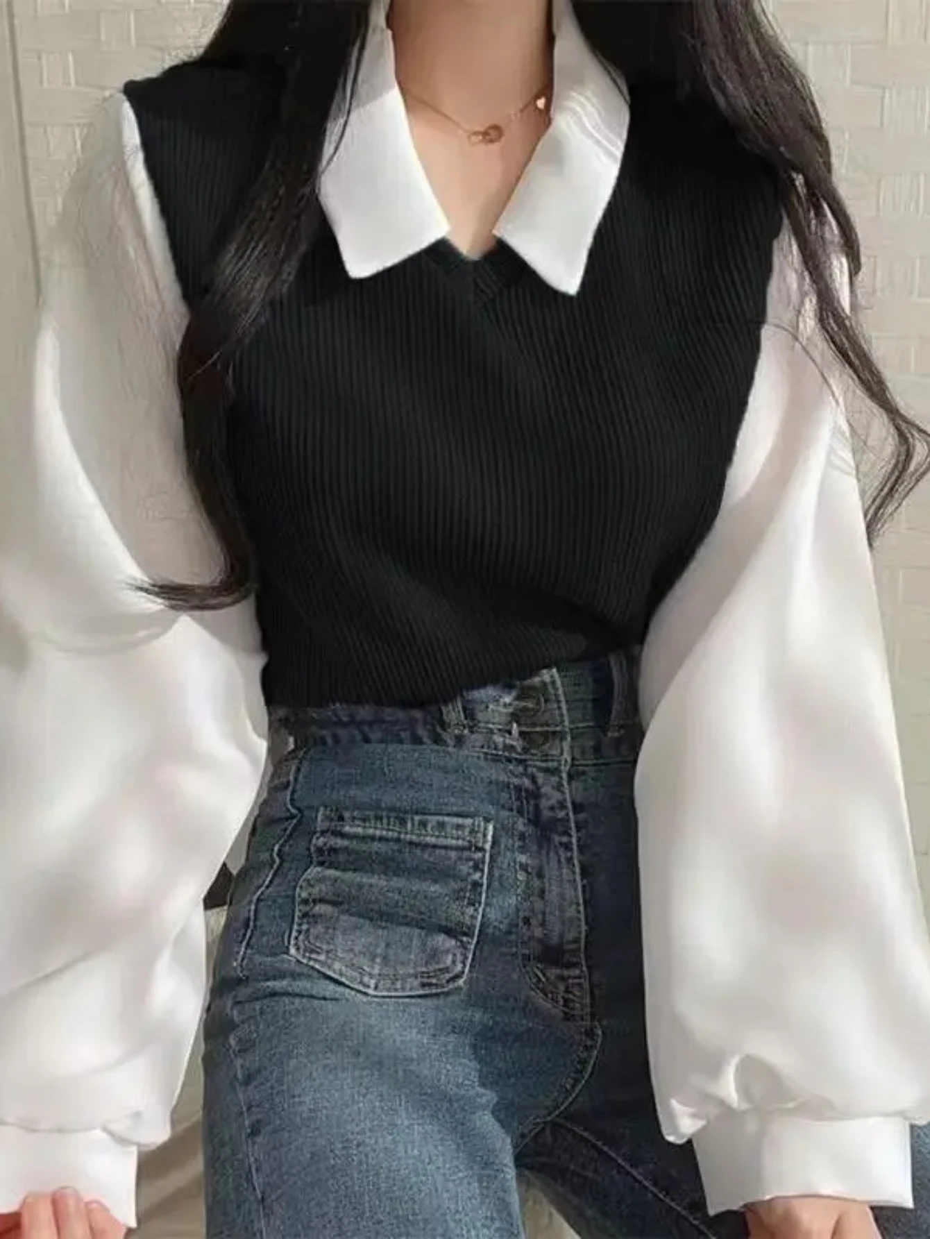 

Elegant Shirtummer Blouse Women Korean Style False Two-piece Polo Collar Blouses Y2k Tops Streetwear Loose Youth Pullovers