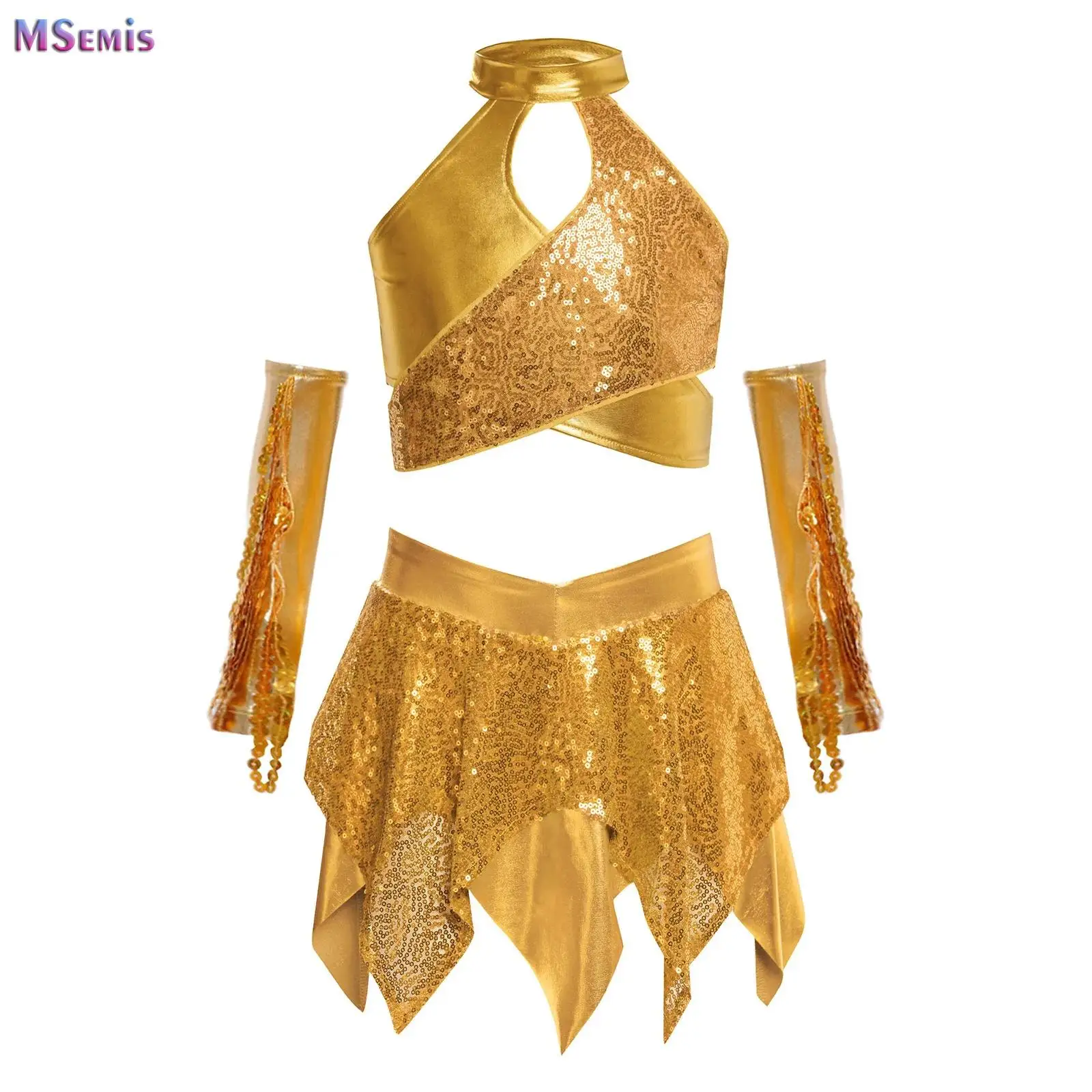 

Kids Girls Jazz Dance Outfit Shiny Sequins Dancewear Sets Metallic Crop Top with Skirte Gloves Child Party Performance Costumes