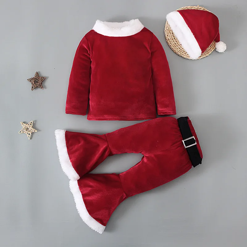 Baby Girls Christmas Cosplay Santa Claus Costume For Kids Xmas Party Red Clothes Tops+ Pants+Hat+Belt Children New Year Outfits