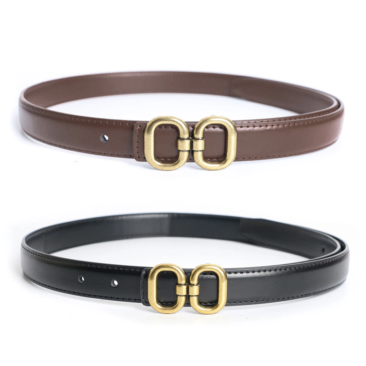 2pcs Women Thin Waist Belt Set Vintage Metal Buckle Faux Leather Waistband Elegant Decor Strap For Dress Blouse Outfit Accessori