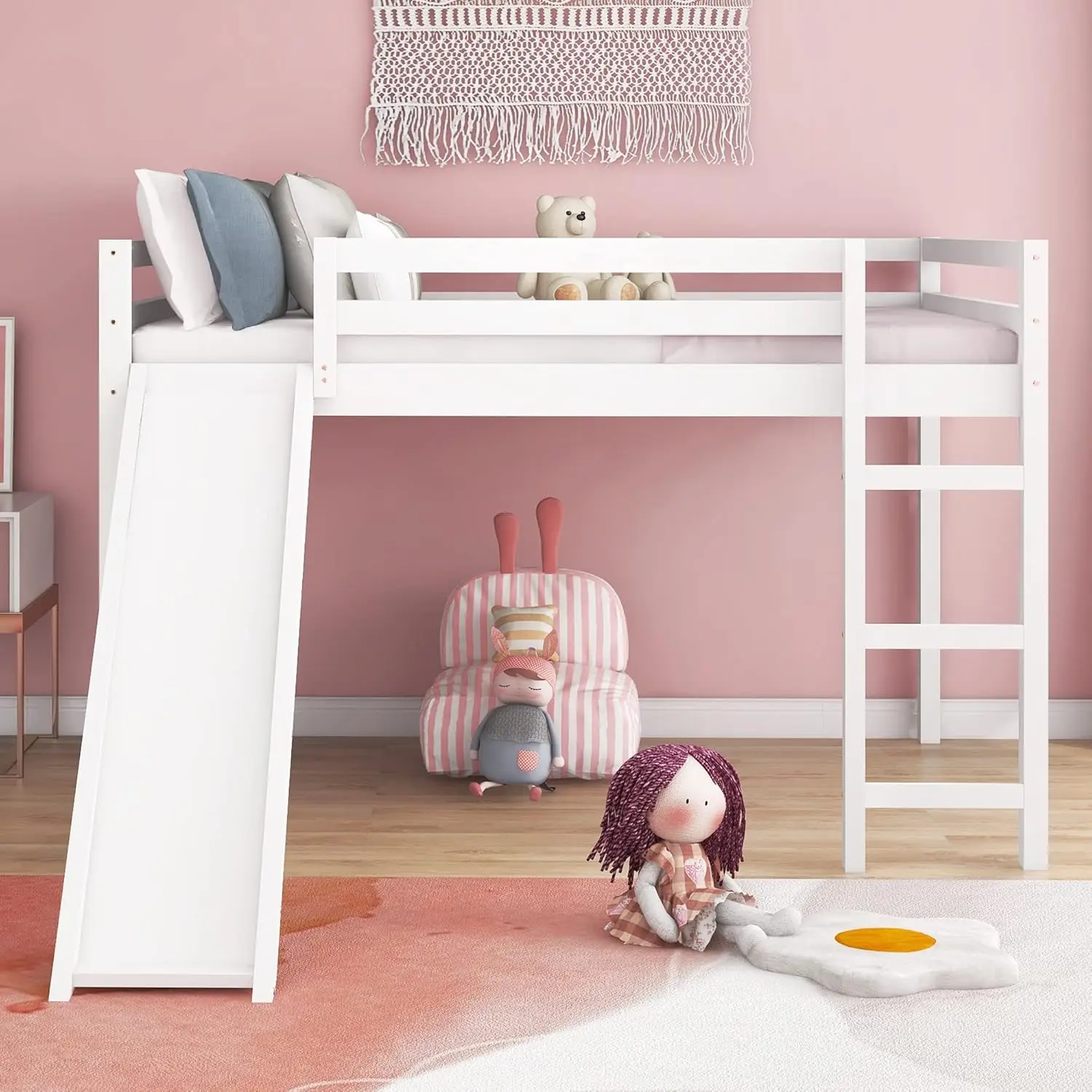 Letti a soppalco completi Lostcat con scivolo, letto a soppalco per bambini con scivolo, letto basso in legno Full Size con scivolo e scala, basso in legno