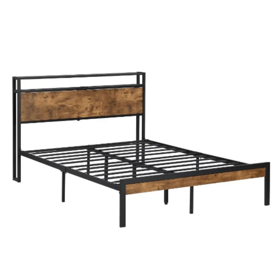 

King Size Metal Platform Bed Frame With Wooden board And Footboard With USB LINER