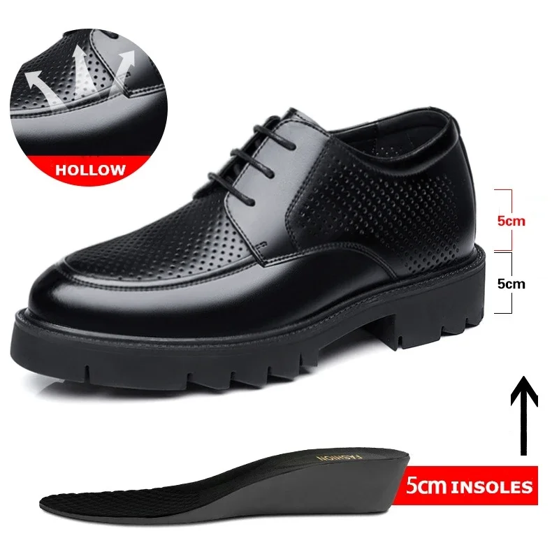 8-10cm Height Increasing Shoes for Men Summer Autumn Inside High Shoes Men\'s Hollow Business Dress Men\'s Elevator Leather Shoes