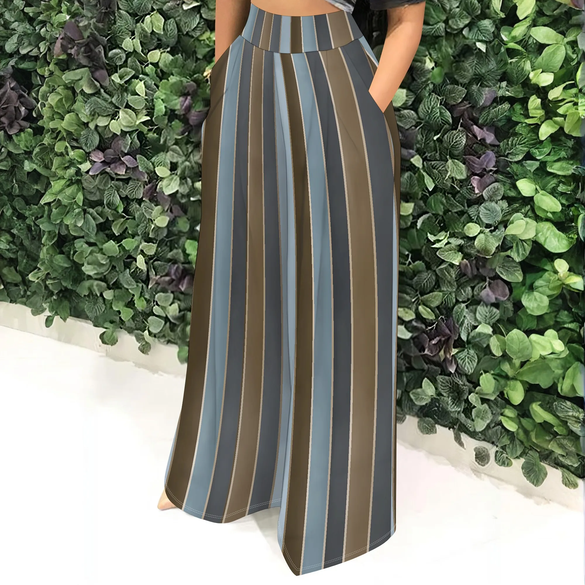 High Waist Striped Wide Leg Pants, Vertical Stripe Palazzo Trousers, Pocket Casual Bottoms for Women, S-2XL