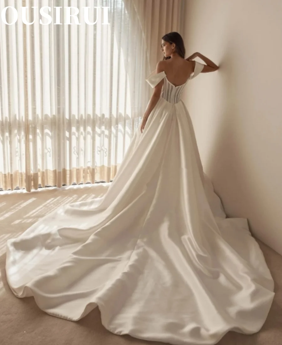 OUSIRUI Satin A LIne Wedding Dresses Side Slit Sweep Train Custom Made 2024 Modern Off The Shoulder Pleat Rode De Noiva