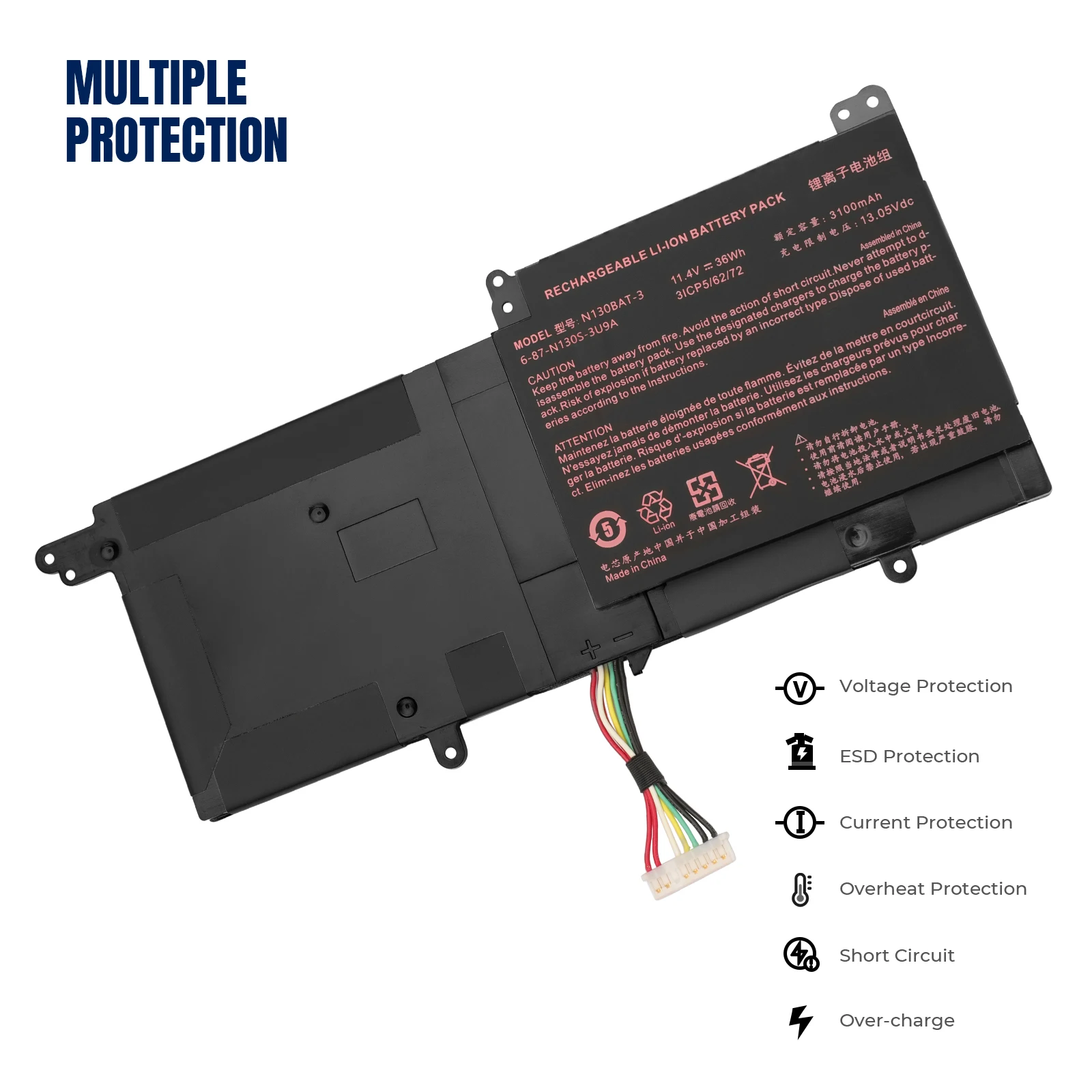 YOOFAN 11.4V 36WH N130BAT-3 Battery for CLEVO N130BAT-3 6-87-N130S-3U9A N130BU 130WU N131BU N131WU NP3130 Pro 13 14 N130BU