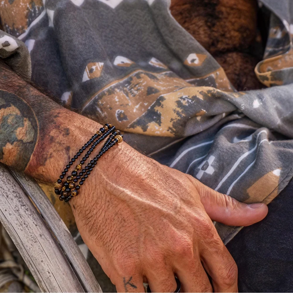 Retro Black Agate Wood Beads Men Bracelet Simple Long Stretch Multi-Layer Bracelet Fashion Jewelry Accessories