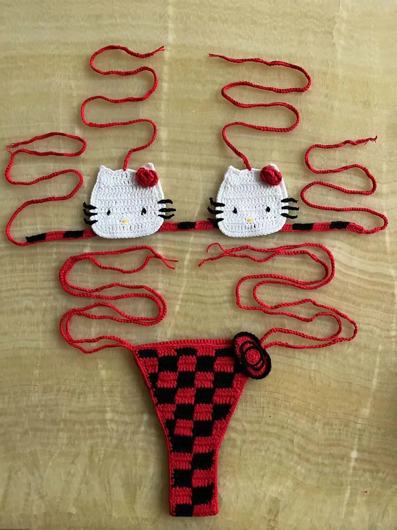 Hello Kitty Crochet Bikini Set 2pcs Bathing Suit Sexy Micro Bikinis Y2k Ties Swimsuit Thong Swimwear Miniso Women Swimming Suit