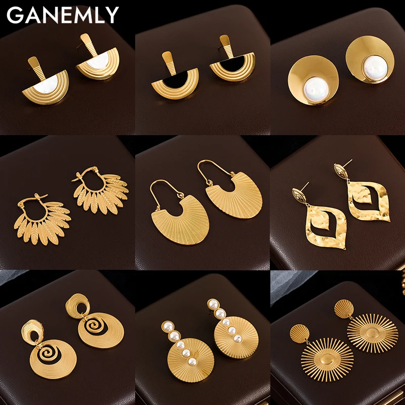 

GANEMLY 316L Stainless Steel Round Pearls Dangle Earrings For Women Fashion New 18K Gold Plated Ear Drop Jewelry Gift Bijoux