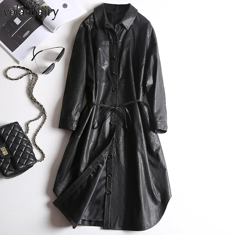 Imagem -06 - Jaqueta de Couro Real para Mulheres Roupas de Pele Carneiro Moda Trench Coat Senhoras Midium Casual Blusão Feminino Jaqueta de Couro Fcy1926