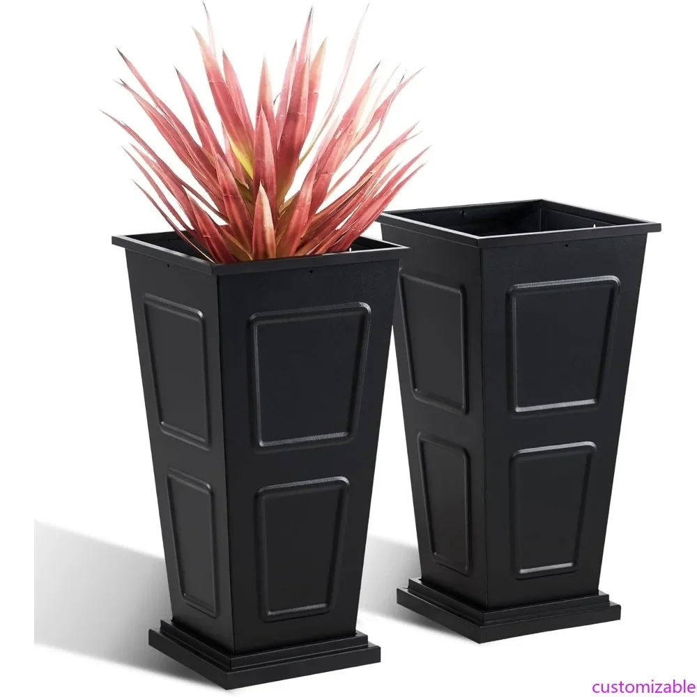 

Pair of 23-Inch Tall Outdoor Metallic Planters with Tapered Steel Design, Removable Divider and Drainage Features