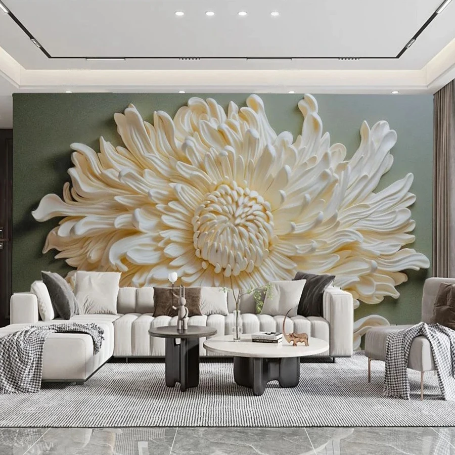 Modern Wallpaper 3D Embossed Chrysanthemum Flowers Green Photo Mural Paper Bedroom Living Room Decoration Wall Hanging Paintings