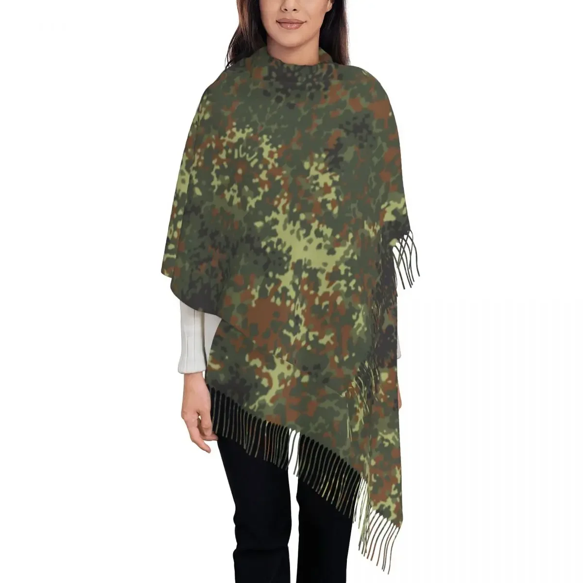 Ladies Large Flecktarn Camo Scarves Women Winter Fall Thick Warm Tassel Shawl Wraps Army Camouflage Scarf