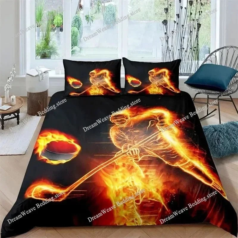 Ice Hockey Sports King Queen Duvet Cover Burning Hockey Ball Bedding Set for Teens Athlete Black Polyester Quilt Cover