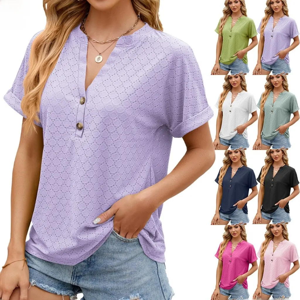 

Women's Solid Color V-Neck Button Loose Short-Sleeved T-Shirt Spring Summer New Arrival European American Style Top