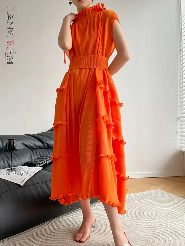 

LANMREM Summer Sleeveless Pleated Dress Women Ruffles Collar Solid Color Belt Gathered Waist Dresses Fashion 2024 New 2AA5325