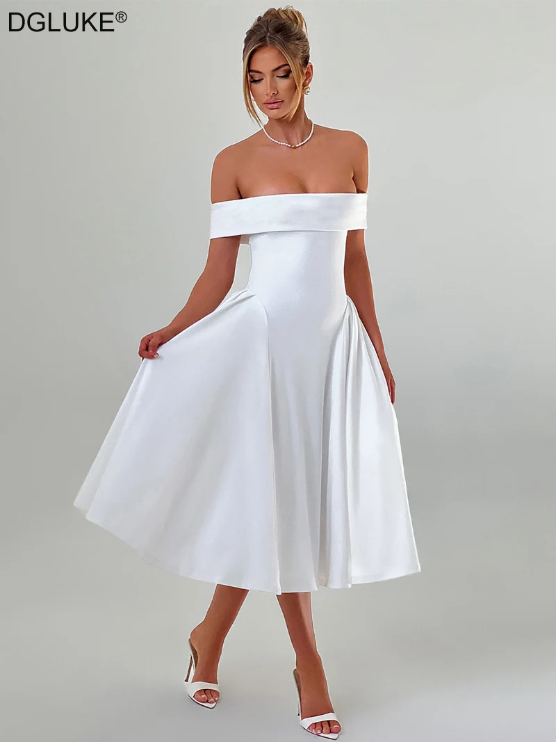 

DGLUKE Off Shoulder Empire Waist Pleated Long Dress Slash Neck Backless Flared Midi Dress Elegant White Evening Prom Dress