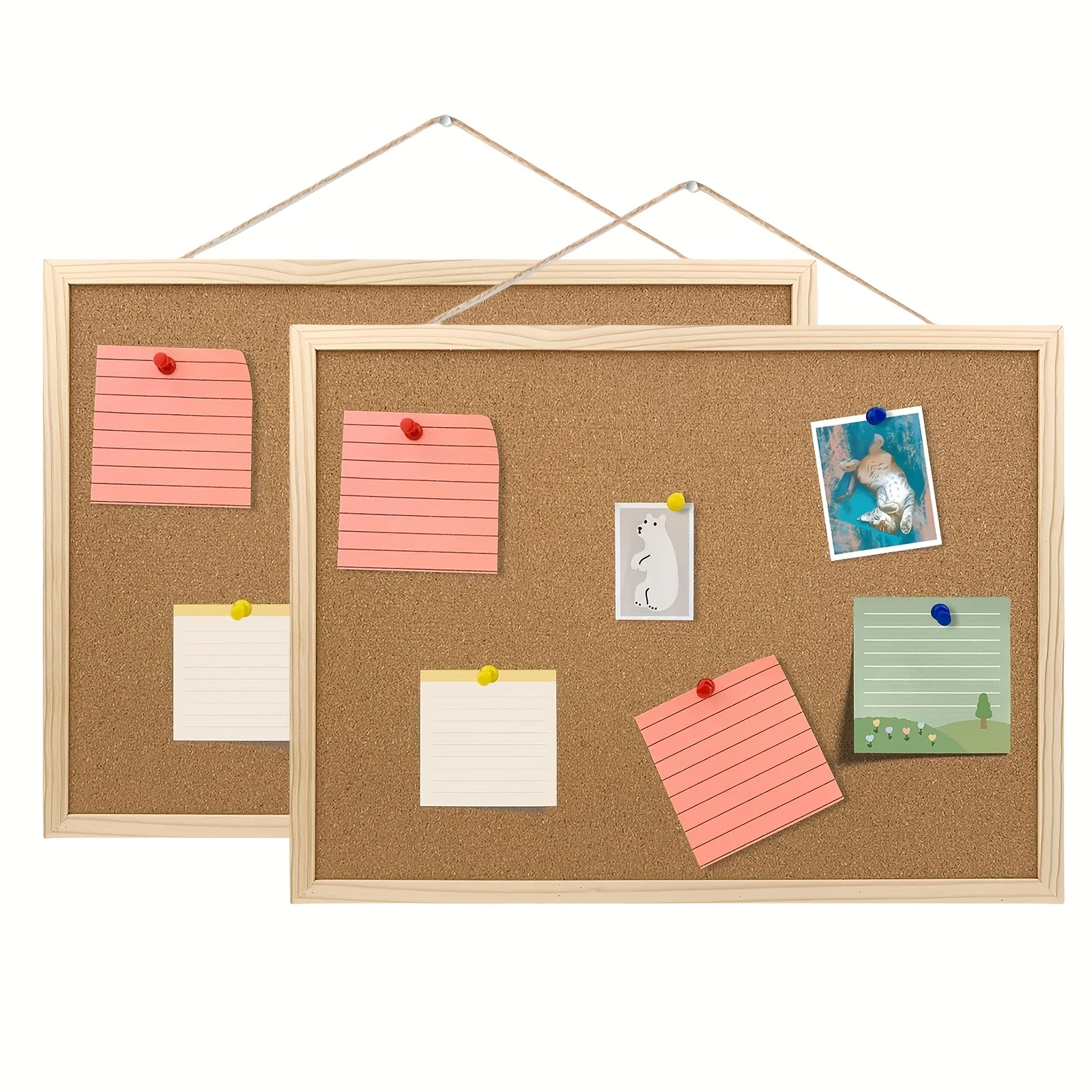 Large Pine Wood Framed Cork Bulletin Board-Wall-Mounted Board with Push Pins&Rope,Hardware Included-For Organizing Note,Schedule