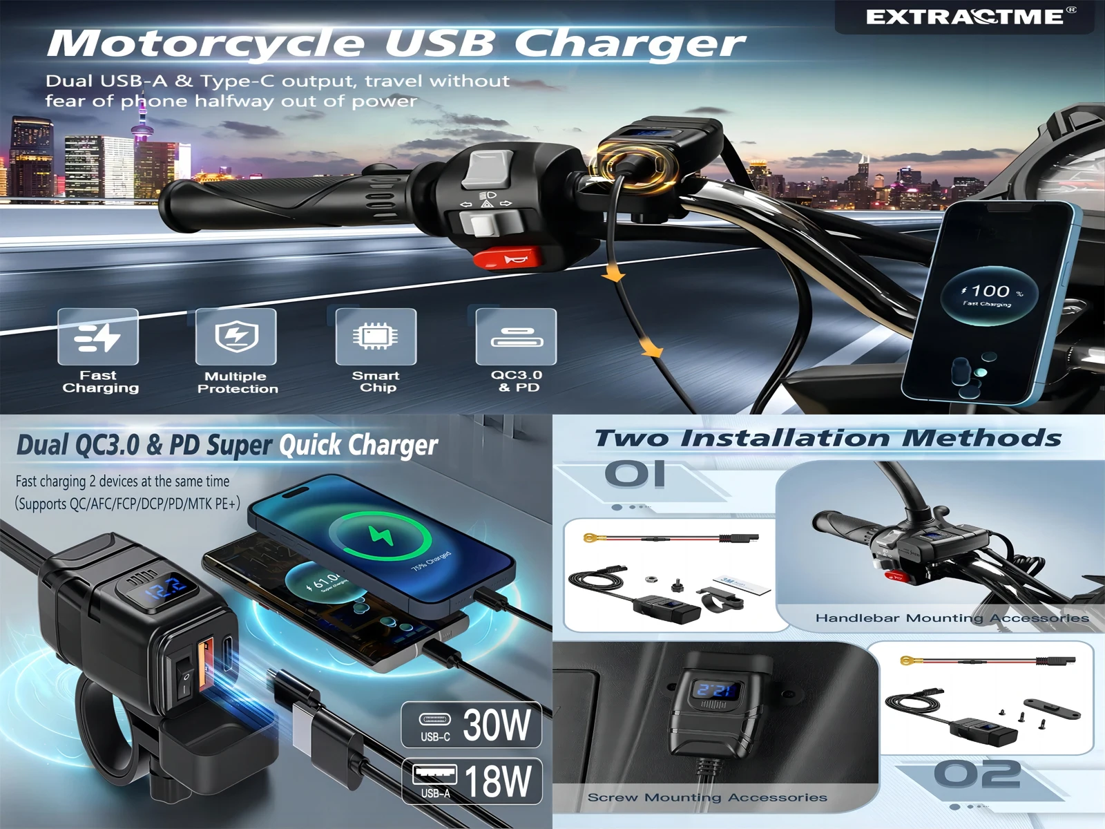 12v New Motorcycle Usb Fast Charger Waterproof Socket With Type C Cell Phone Port Power Outlet Mobile Chargers Plug For Moto