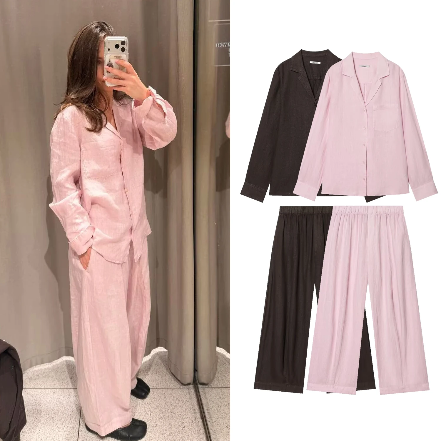 

Loose Casual Women Shirt Pant Sets Or Spring Summer Female Single Breasted Shirts Or Lady Elastic Waist Straight Long Pants