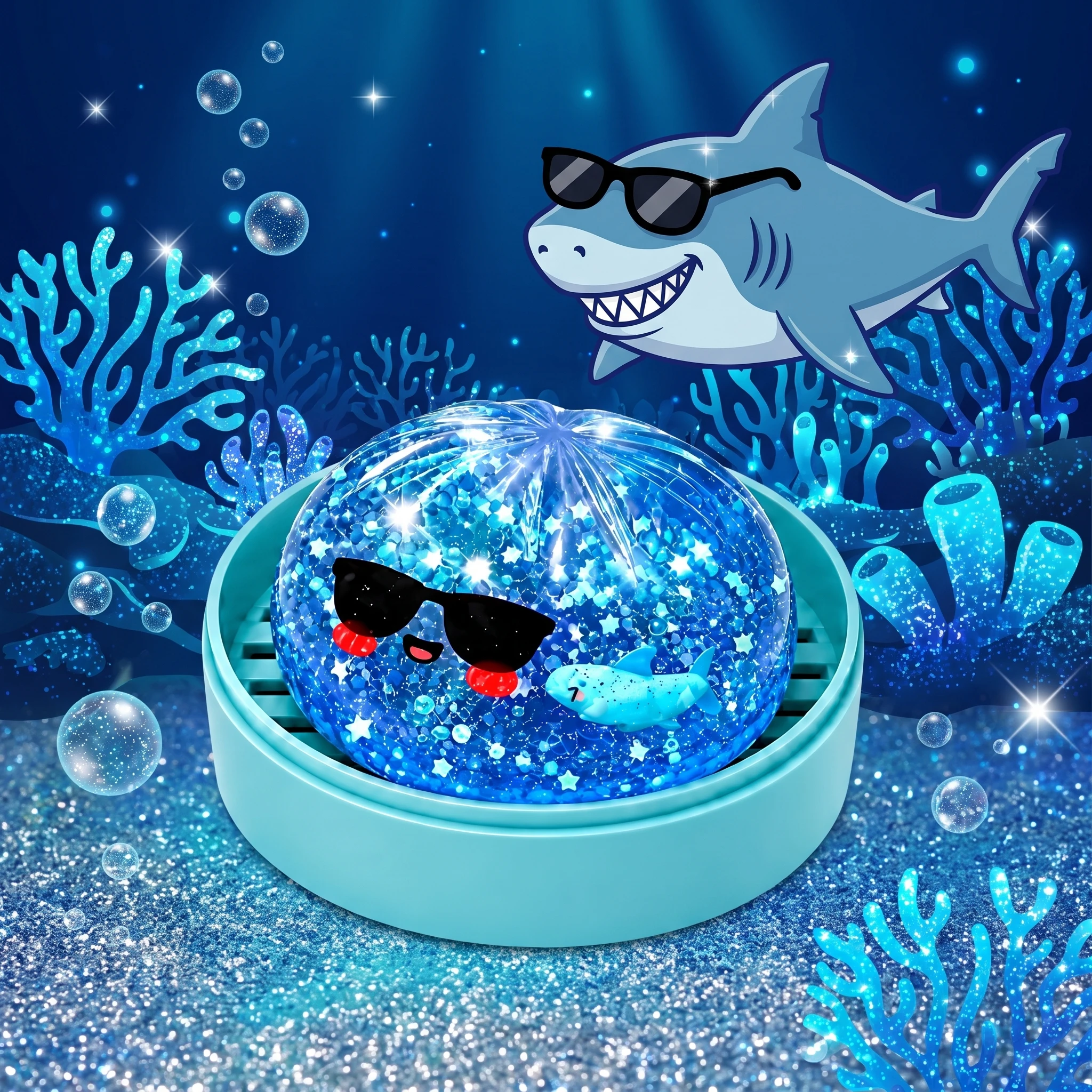 Unique Cool Shark Sunglasses Dumpling Squishy Toy with Blue Steamer Star Glitter Slime Filled Squeeze Toy Slow Rising Relief