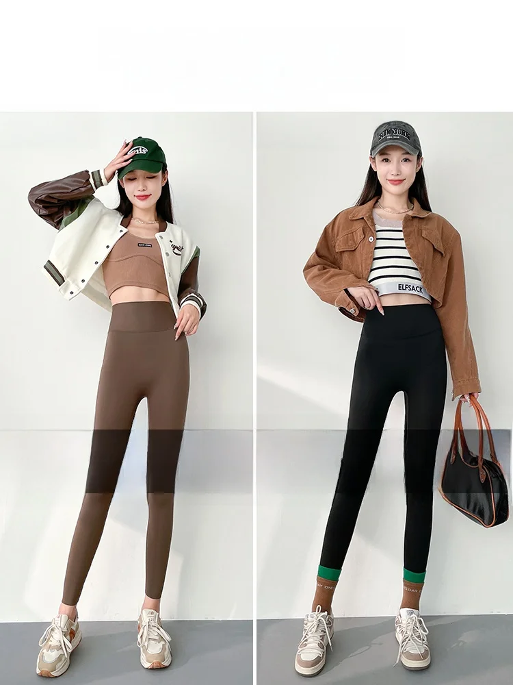 Calças de Couro Marrom para Mulheres, Inverno, Forradas, Yoga, Esportivas, Leggings Slimming de Oito Polegadas