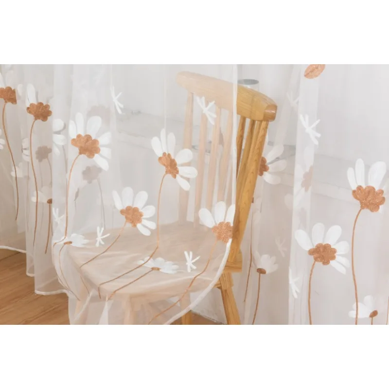 Korean Gentle Style Daisy Embroidery Falling Petals Dragonfly Embroidery Gauze Curtains Living Room Bedroom Balcony Curtains