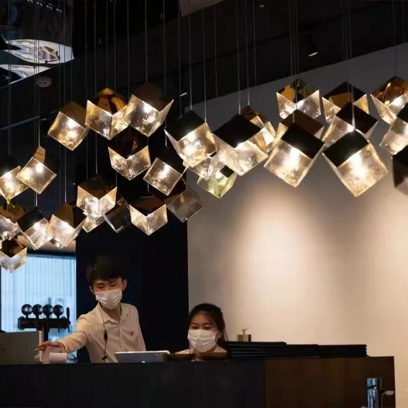 Luxury Fishing Line Pendant Lamp Handmade Glass Square Adjustable Three Color Ceiling Light Bedroom Staircase