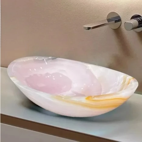 Modern Design Oval Irregular Shape Bathroom Freestanding Pink Onyx Marble Wash Sink Basin
