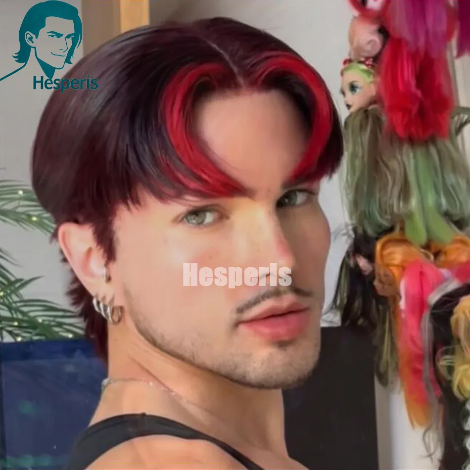 

Hesperis Red Highlight Парики из человеческих волос для мужчин Remy Hair Прозрачный 99J Полный парик шнурка Короткая стрижка пикси Мужской парик Цветной красный