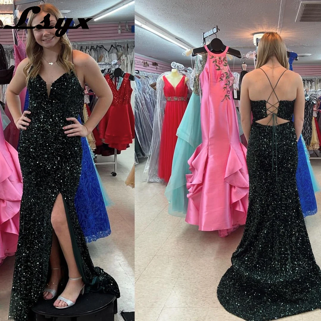 

LSYX Sequin Spaghetti Straps Sexy Mermaid Prom Dresses 2023 Sleeveless V Neck High Slit Lace Up Back Evening Gowns Party