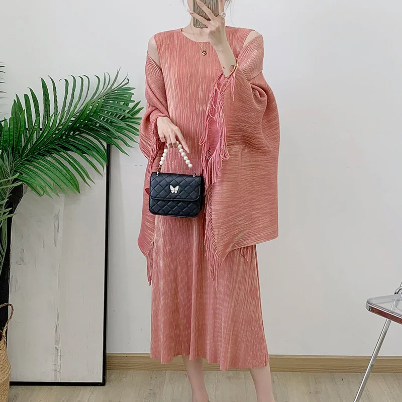 YUDX Stamped Dress Set Fringe Shawl Cardigan Vest Long Skirt Pleated Dress 2 Piece Set 2024 Fall New