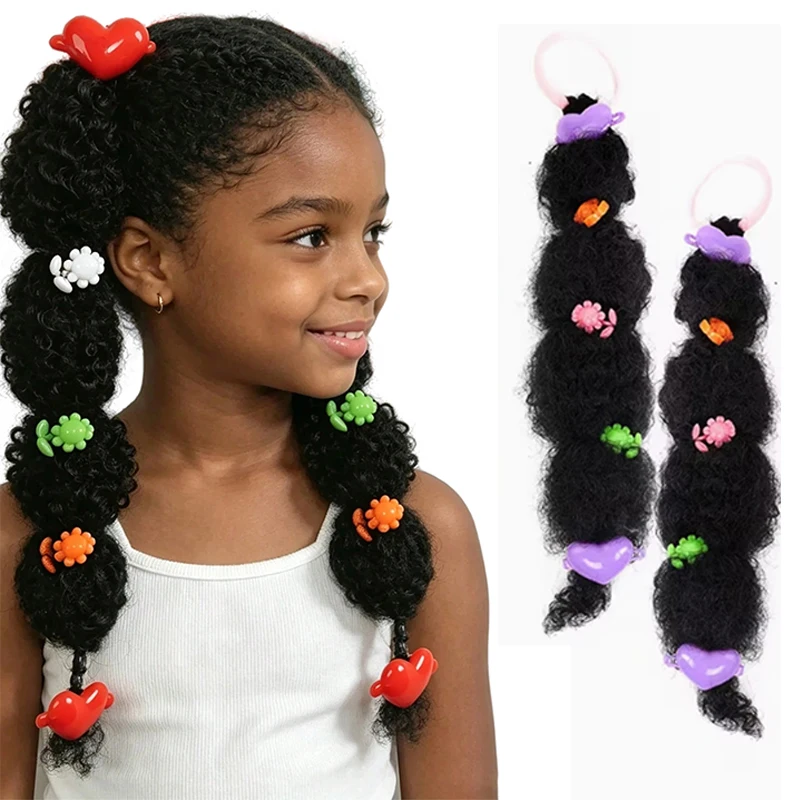 African Puffy Bubble Ponytail Women Synthetic Rubber Band Fluffy for Double Tail Braid Accessory with Colorful Flower Decoration