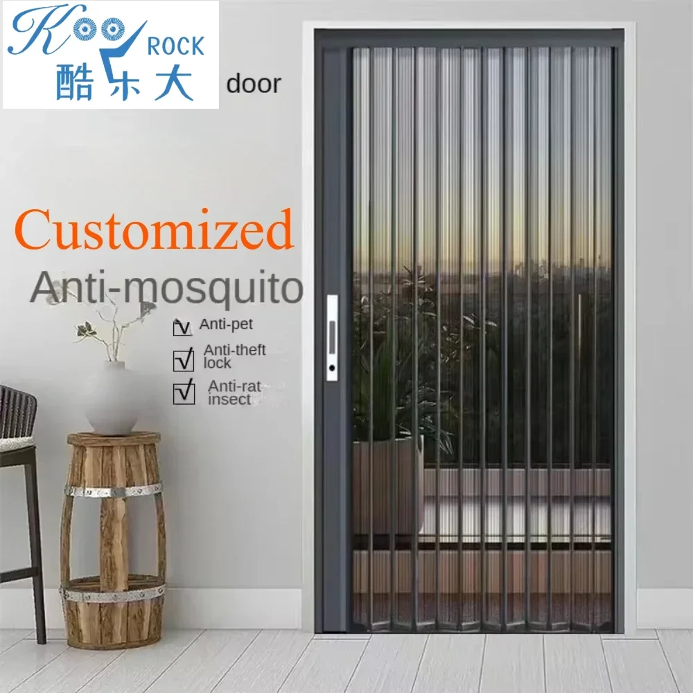 

304 steel mesh invisible folding screen door with lock, mosquito cat dog proof aluminum alloy sliding door