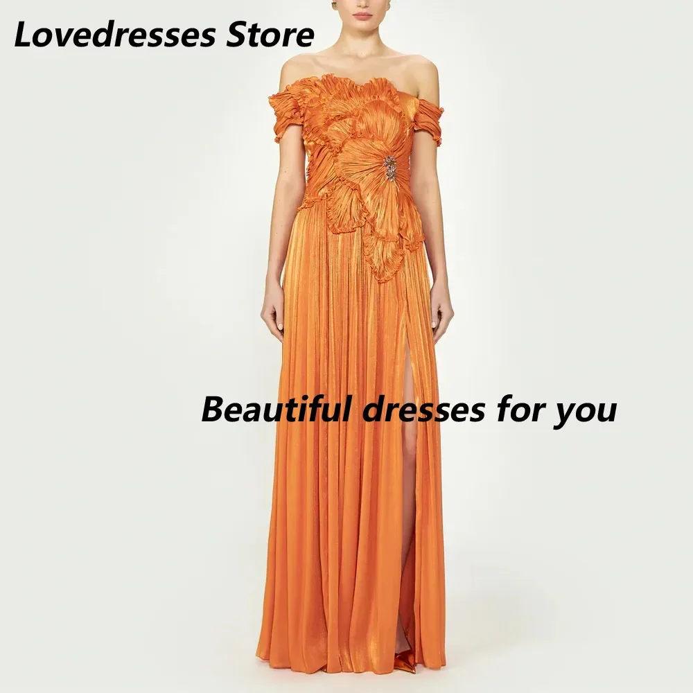 

Fashion Prom Dress Customized Off The Shoulder Pleat A Line Sexy Orange Prom Gowns Thigh Slit Floor Length Evening Dresses