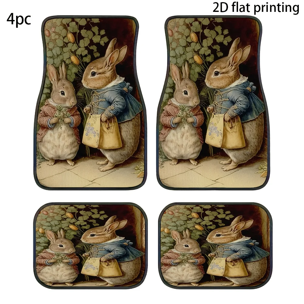 4pcs Car Floor Mats, Retro Style Rabbit Costume Pattern Universal Fit Material Interior Accessories For Front And Rear Seat Deco