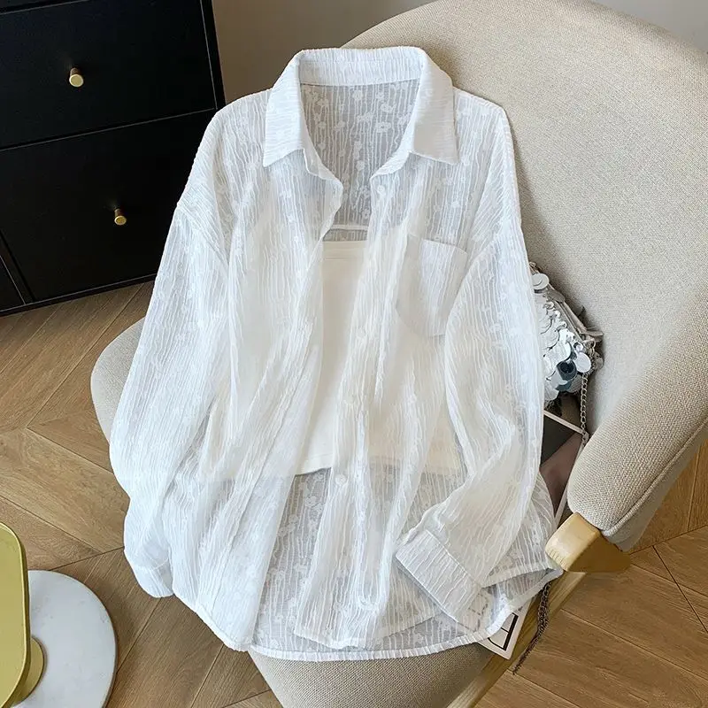 

Spring Summer Elegant Embroidered Jacquard Women's Chiffon Blouse white Turn Down Collar Loose Shirt Women Tops