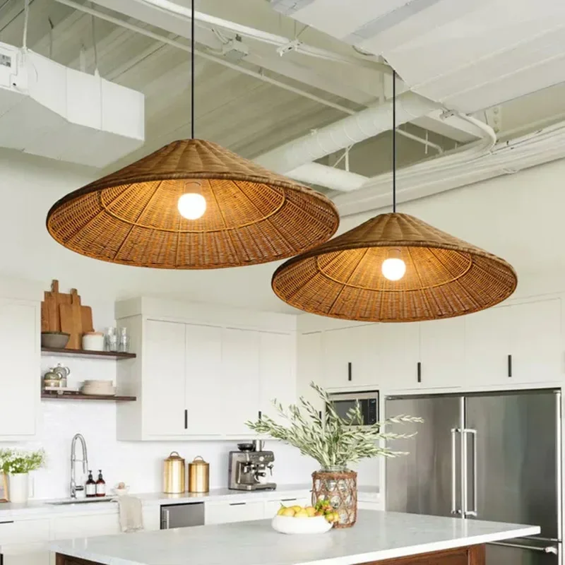 Brown Beige Rattan Pendant Light Minimalist Hand Knitted Lampshade for Dining Room Living Room Kitchen Island Lighting
