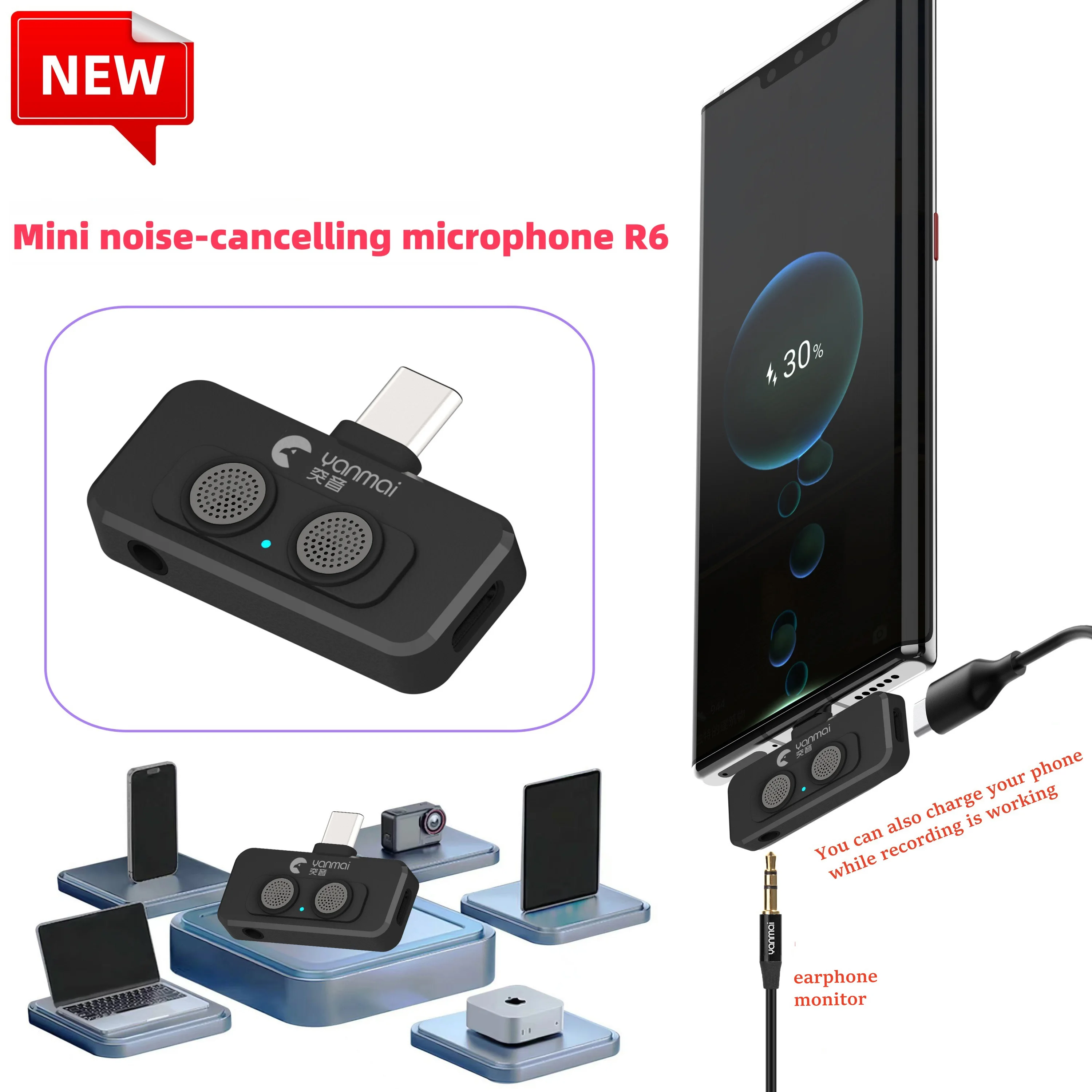 

R6 AI-микрофон с шумоподавлением для орального видеоблога, трансляции, двойных микрофонов, Plug & Play, встроенного монитора наушников и зарядного порта