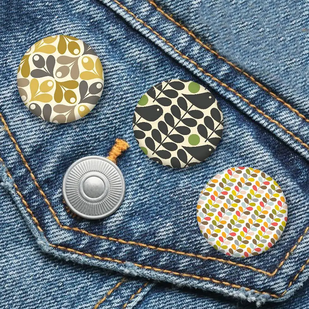 Orla Kiely Leaf Flower Creative Pins Funny Round Snap-in Brooch Badge Backpack Hat Accessories Jewelry Gifts for Friend