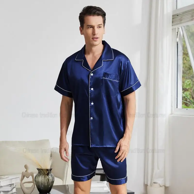 Men Pink Short Sleeve Shirt Short Summer New Stain Loungewear Man Nightwear Pijamas De Hombre Loose 2Pcs Pijamas Suit Outfit