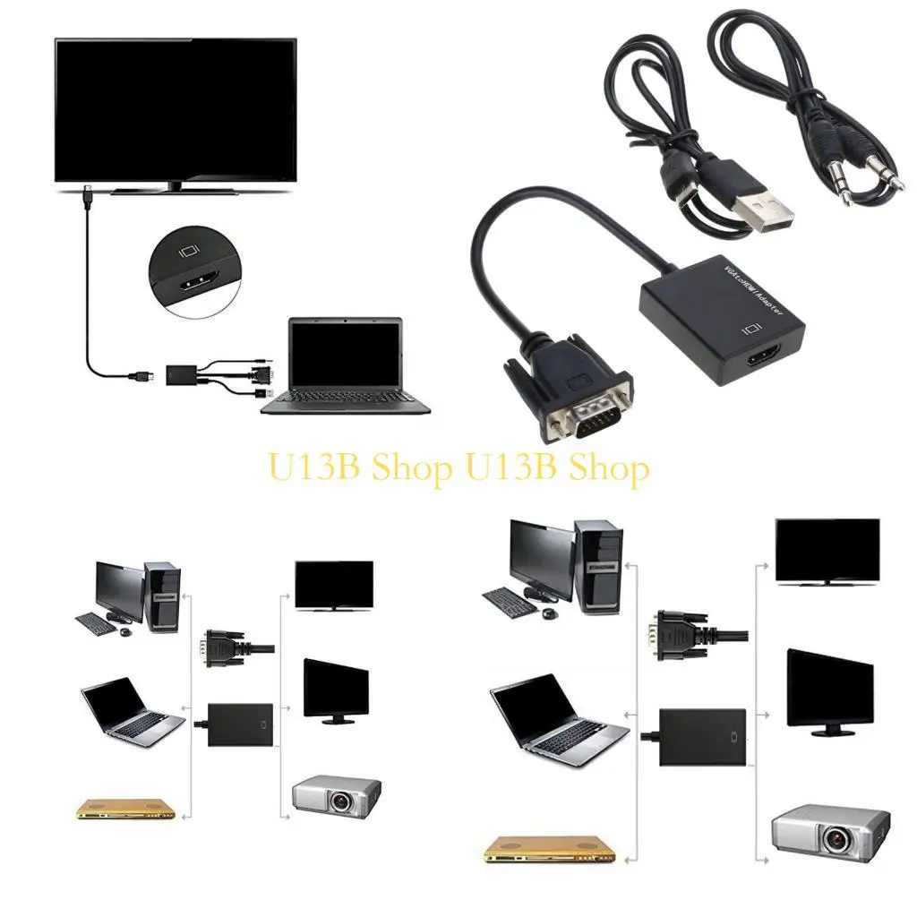 U13b HDMicompatible para conversores VGA com sincronização vídeo 3,5 mm 1080p, adaptador banhado para laptop, computador,