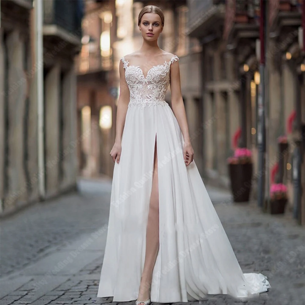 

Sweetheart Sleeveless Women Wedding Dresses Elegant A-Line Forking Bride Gowns Mopping Length Celebrity Banquet Vestido De Novia