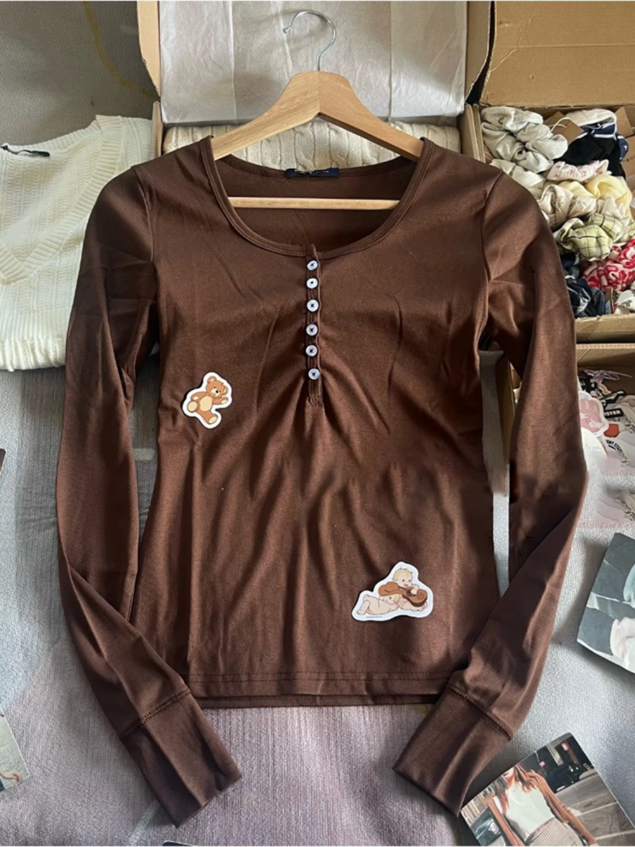 

New Brown Long Sleeve Slim T-shirts For Woman Autumn Six Buttons O-neck Cotton Basic Tees Vintage Simple Solid T Shirt Y2k Tops