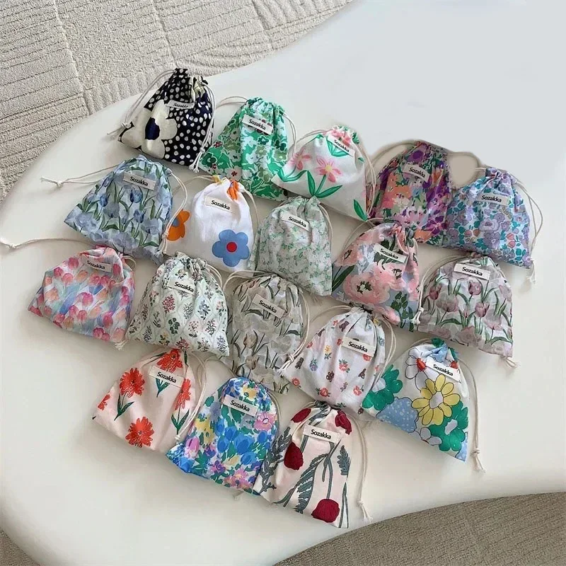 Printed Cotton and Linen Drawstring Pocket Small Cloth Bag Sundries Underwear Travel Gift Flower  Storage Bag Case