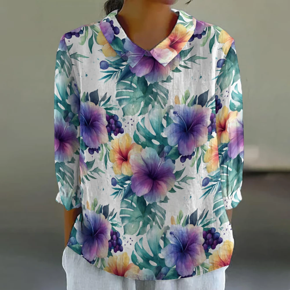 

Повседневная шикарная блузка с рукавами 3/4, струящаяся блузка из блестящего крепа, женская рубашка с отложным воротником, топ с романтическими красочными цветами