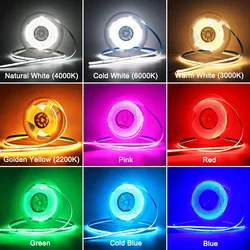 High CRI Ra 90+ DC24V 8mm 480leds/M Flexible COB LED Strip Light Warm Nature Cool White,Red,Green,Blue,Golden Yellow, Pink