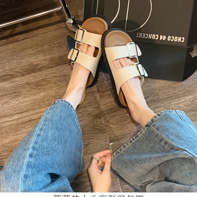 2023 Summer New Retro Genuine Leather Slippers Thick Sole Double Buckle Strap Buchan Slippers Women's Sandals for External Wear