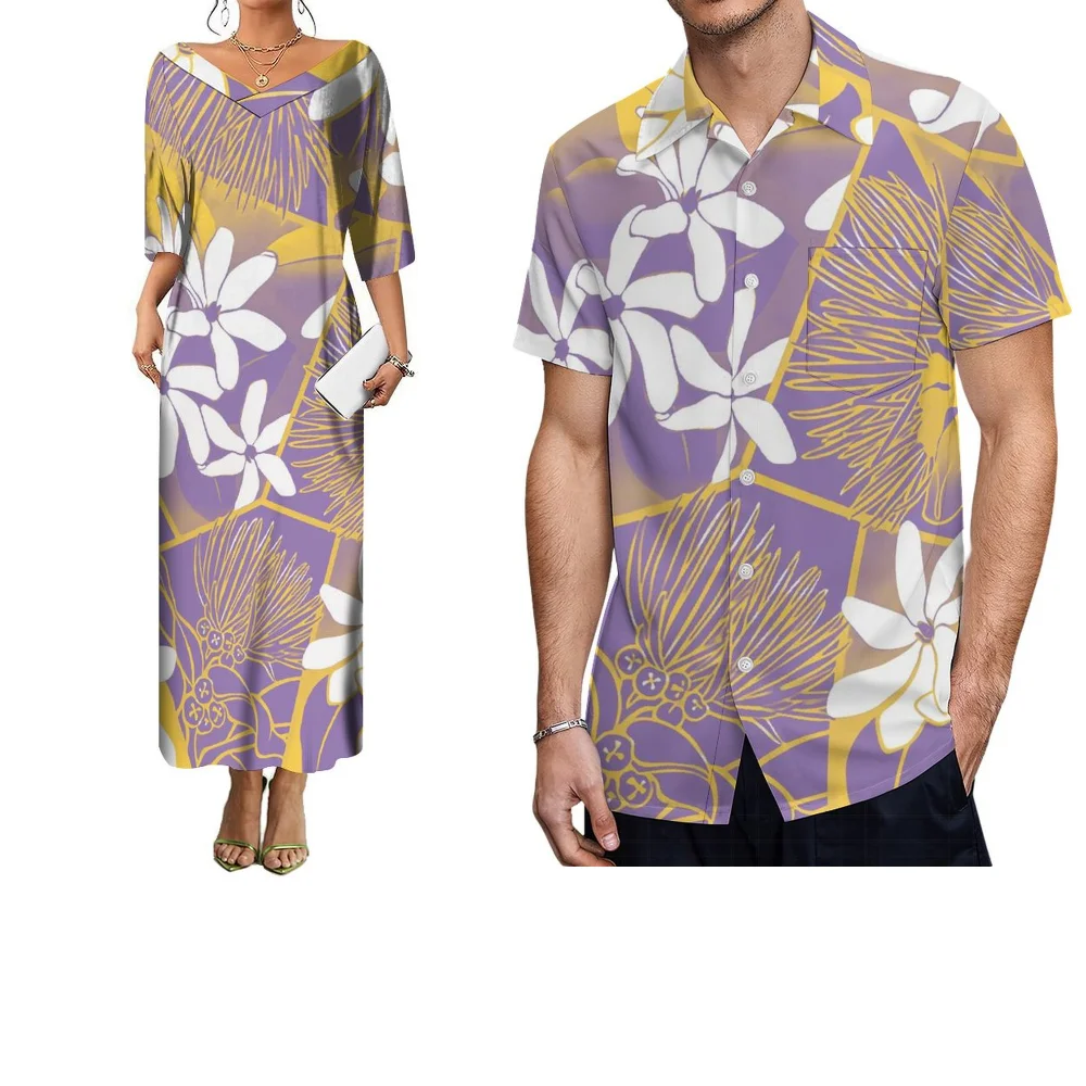 

Polynesian Couple Set Customization Summer Women'S Short-Sleeved Elegant Long Dress, Refined Dress, High-Quality Men'S Shirt